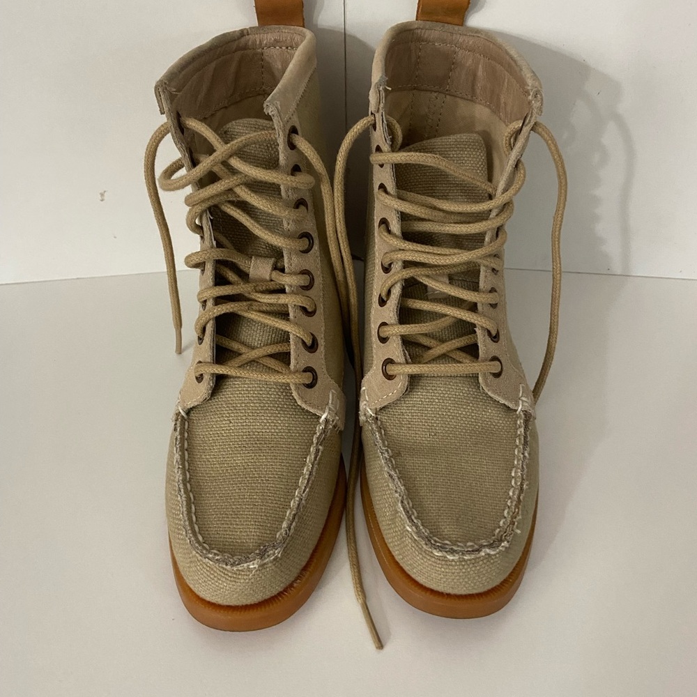 Sebago Dockside Lace Up Tan Canvas Docksides Women Size 5.5 Kids Size 3.5 or 4